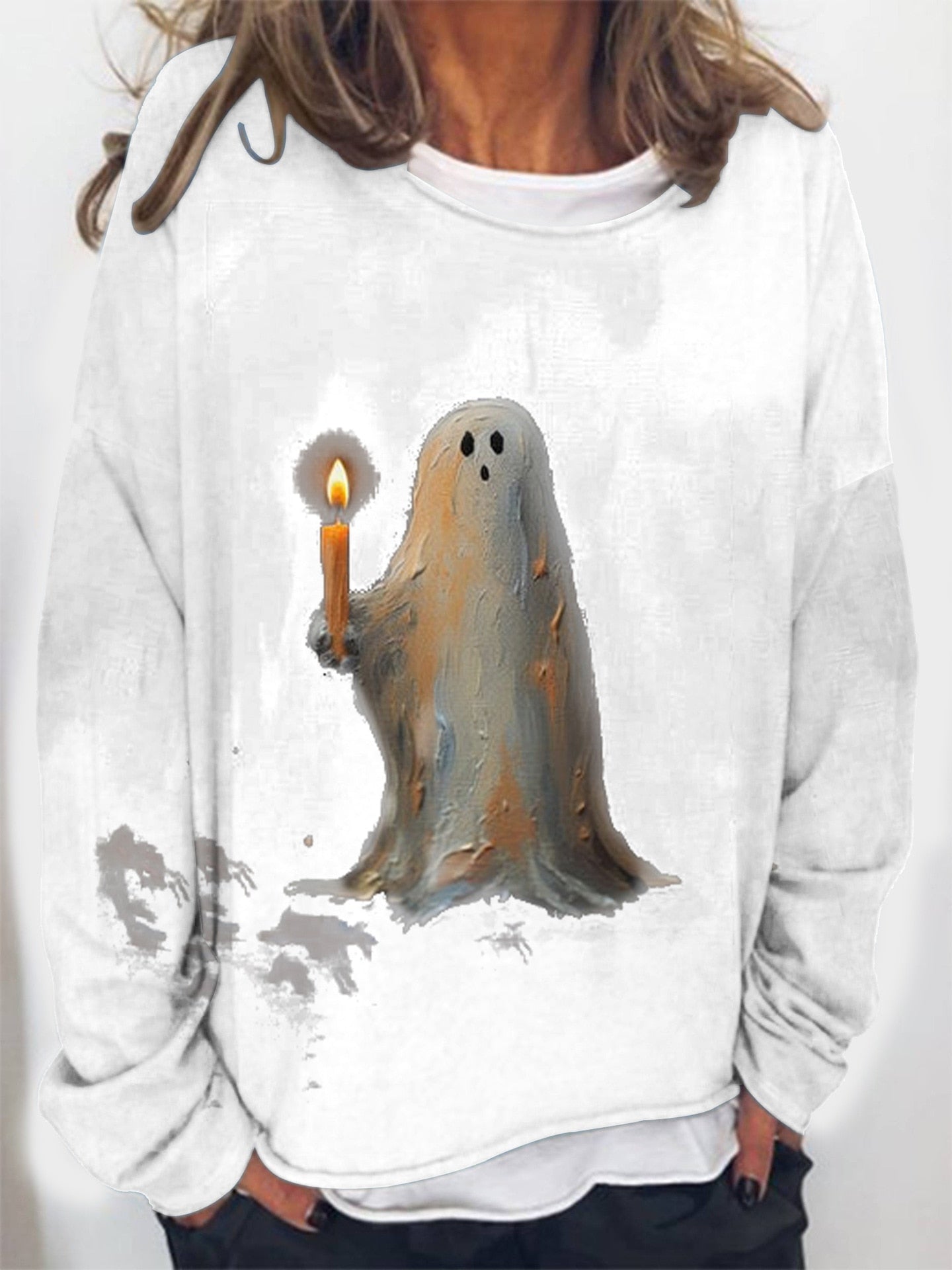 Ghost Painting Candle Print Long Sleeve Sweatshirt