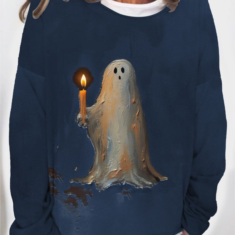 Ghost Painting Candle Print Long Sleeve Sweatshirt