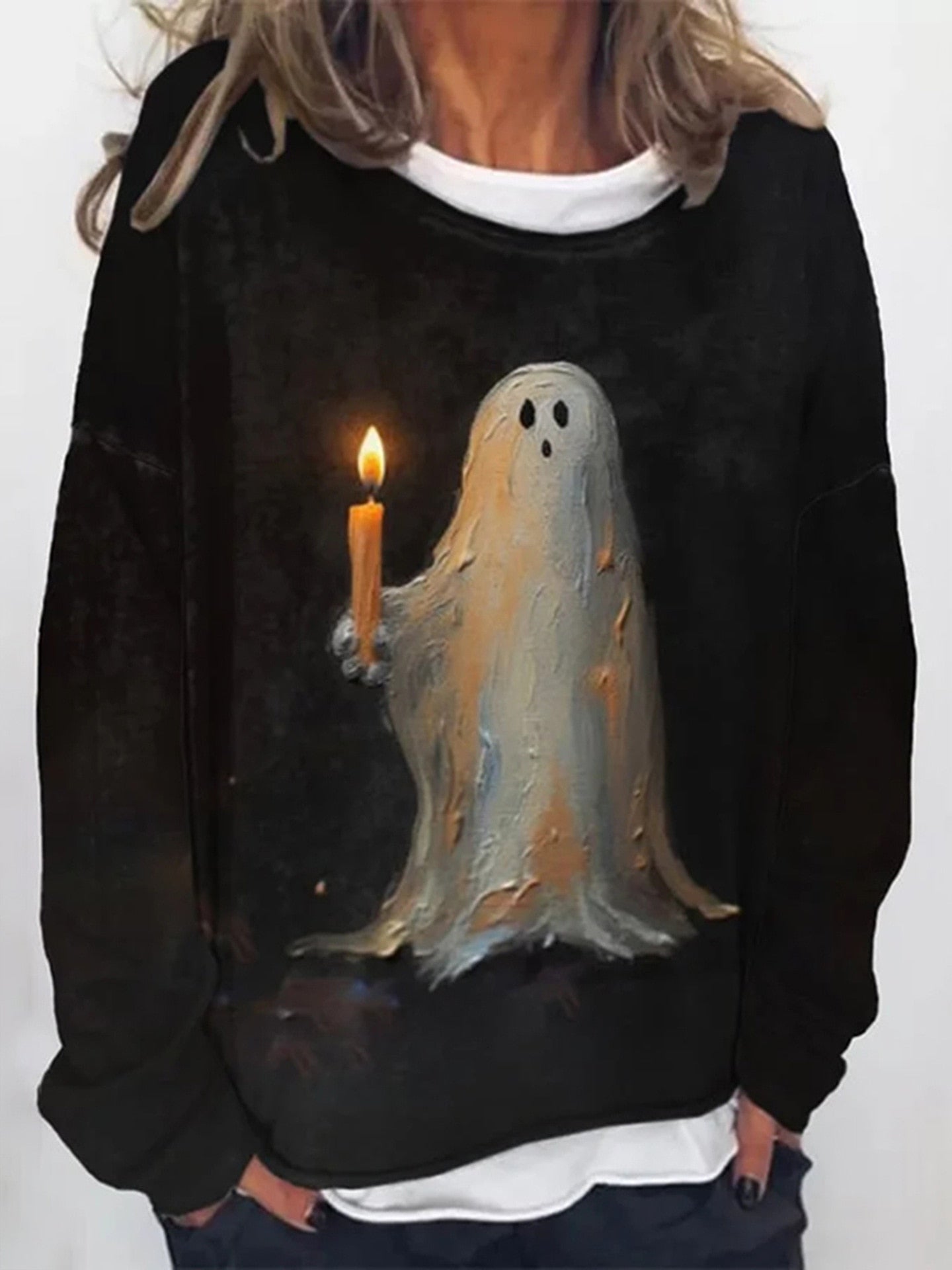 Ghost Painting Candle Print Long Sleeve Sweatshirt