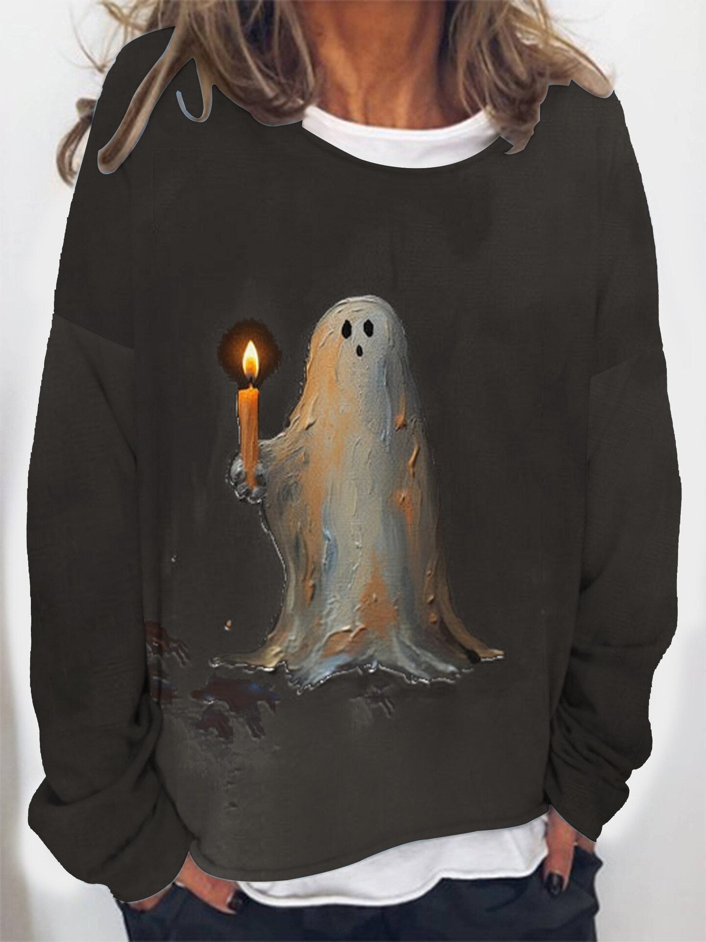 Ghost Painting Candle Print Long Sleeve Sweatshirt