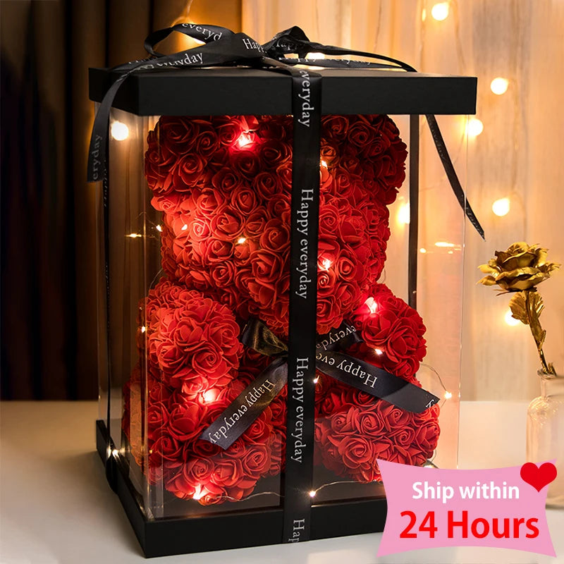 Rose Teddy Bear With Box Lights