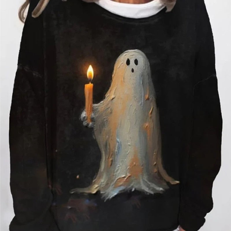 Ghost Painting Candle Print Long Sleeve Sweatshirt